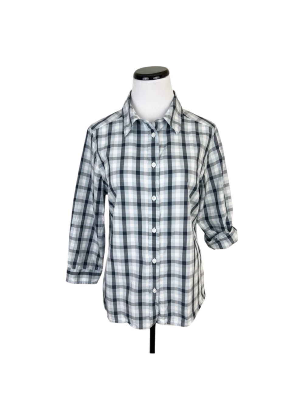 Pendleton Plaid Button Up Shirt 3/4 Roll Tab Sleeve Blue White Size Medium